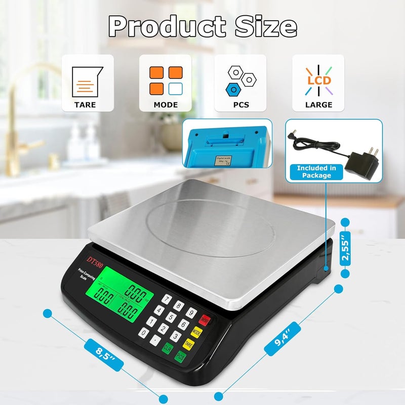 MOCCO Large Digital Kitchen Scale 40kg/88lb Stainless Steel Price Computing Scale Counting Scale Deli Scale with LCD Display for Baking Bread Cooking Meat Prep Parts and Coins Adapter Included (Black) - Image 3